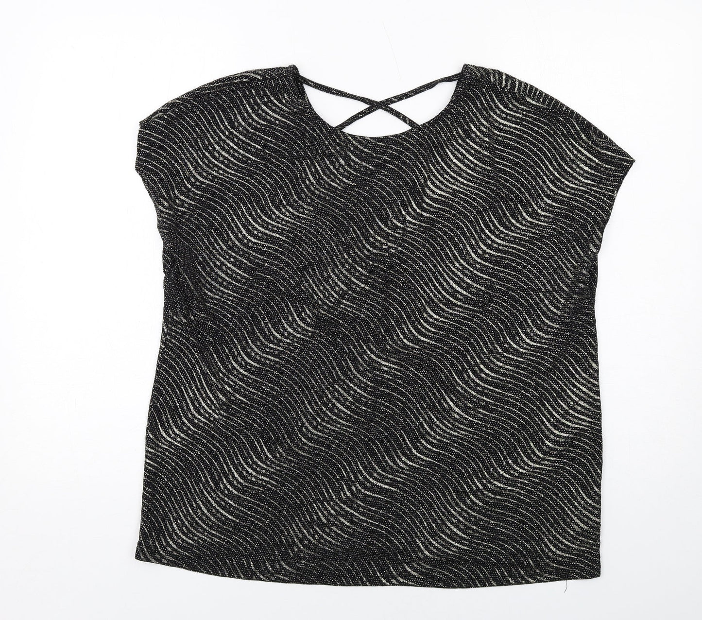 Klass Womens Black Geometric Polyamide Basic Blouse Size XL Round Neck