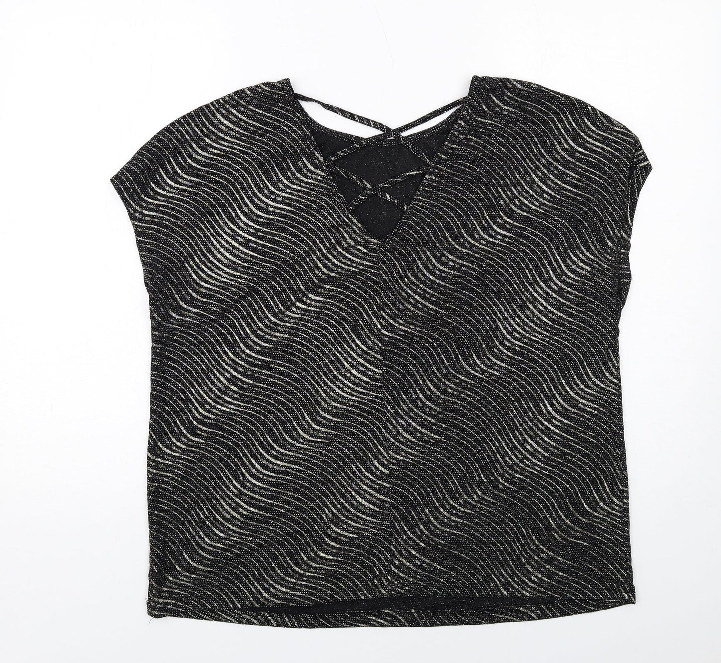 Klass Womens Black Geometric Polyamide Basic Blouse Size XL Round Neck