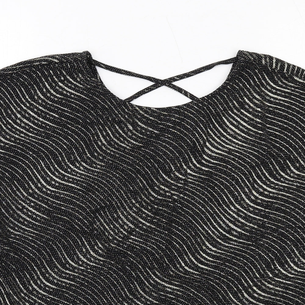 Klass Womens Black Geometric Polyamide Basic Blouse Size XL Round Neck