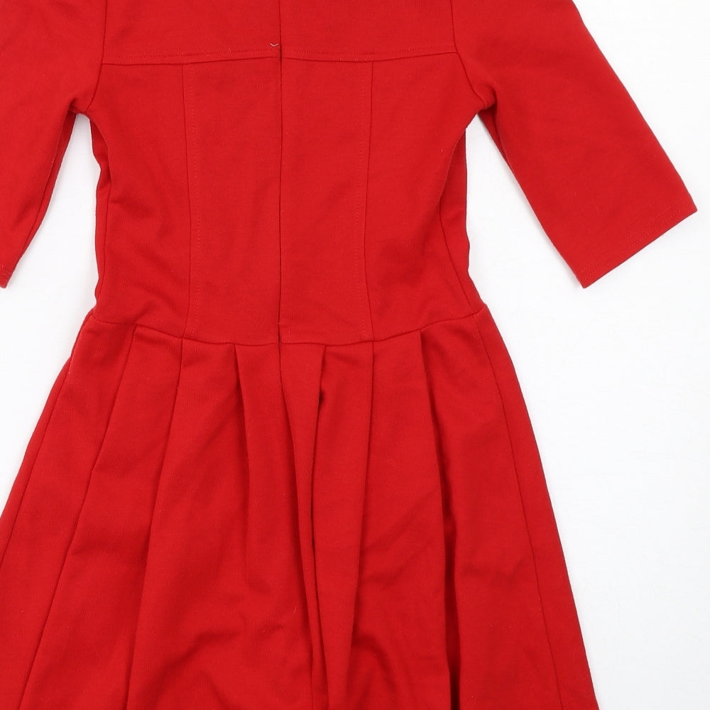 Brand and care label for ASOS women’s red polyester fit & flare, size UK 8, round neck zip