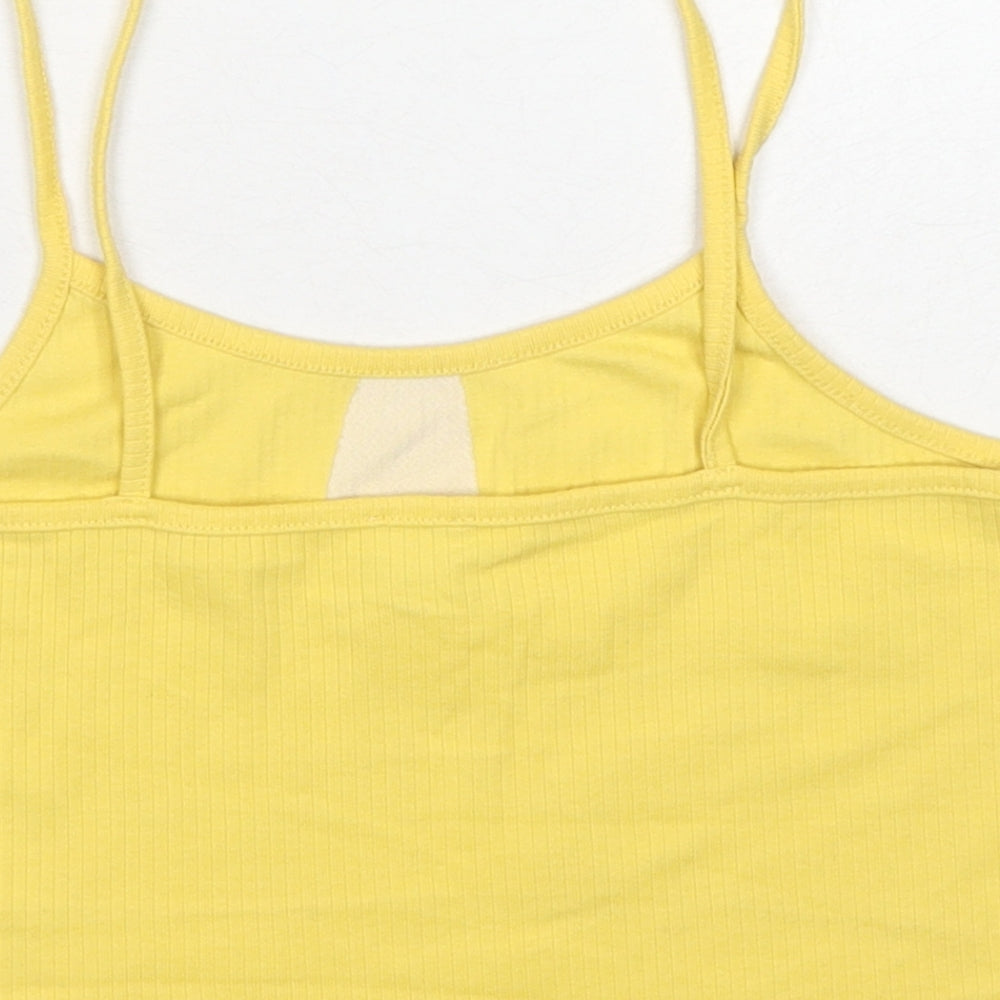 Brand and care label for River Island girls’ yellow cotton cropped tank, size 13-14, years round neck pullover - love