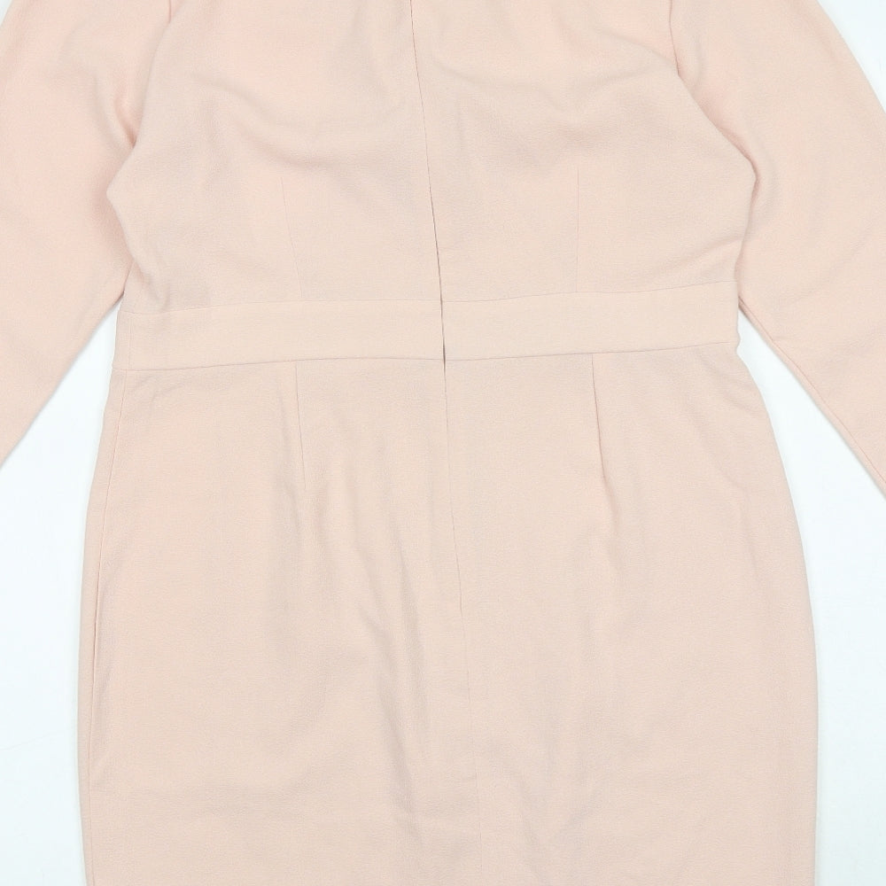 Brand and care label for ASOS women’s pink polyester a-line, size UK 14, v-neck zip