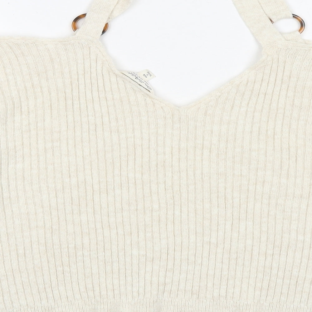 Brand and care label for Miss Selfridge women’s beige v-neck polyester jumper, size UK 14, - cold shoulder