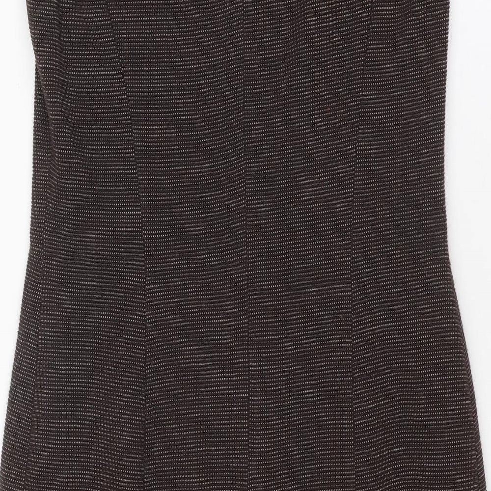 Brand and care label for Betty Jackson women’s brown geometric acrylic shift, size UK 12, round neck zip