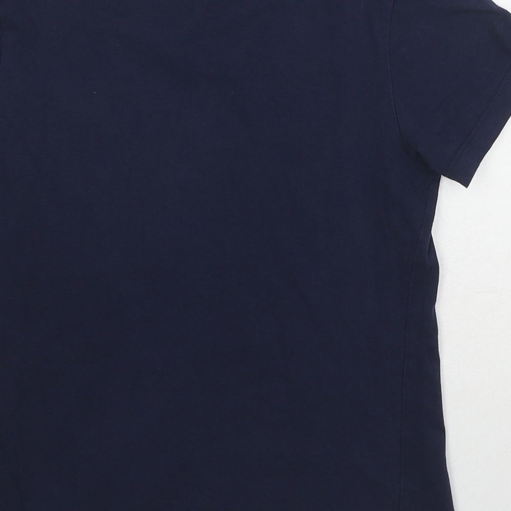 Brand and care label for Pepperts girls’ blue cotton basic t-shirt, size 8-9, years round neck pullover