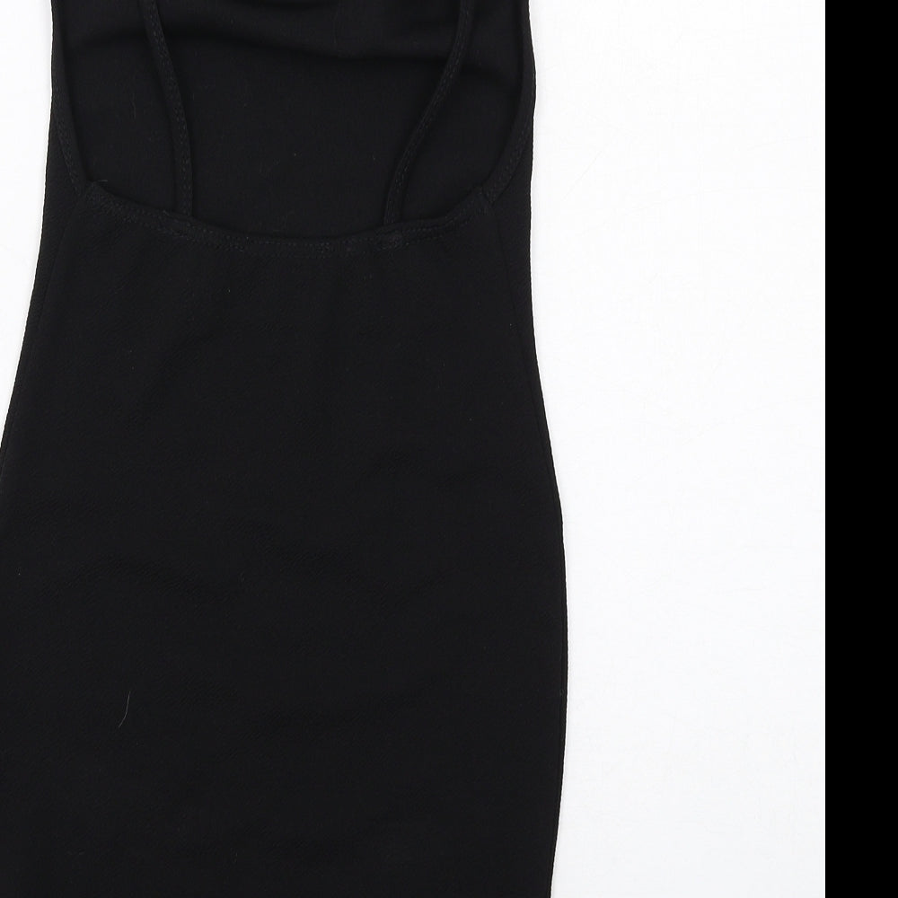 Brand and care label for Missguided women’s black polyester bodycon, size UK 6, cowl neck pullover