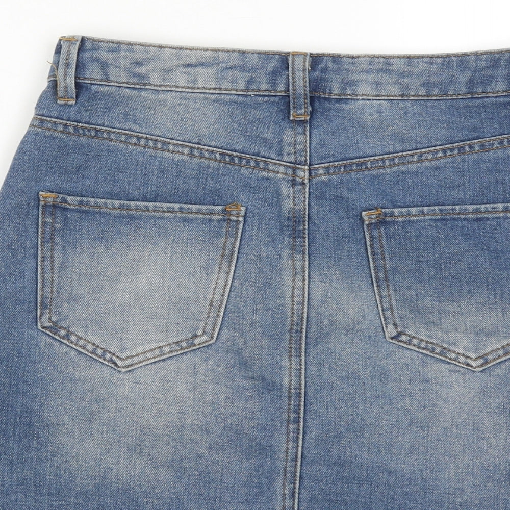 Brand and care label for Denim & Co. women’s blue cotton a-line skirt, size UK 6, zip