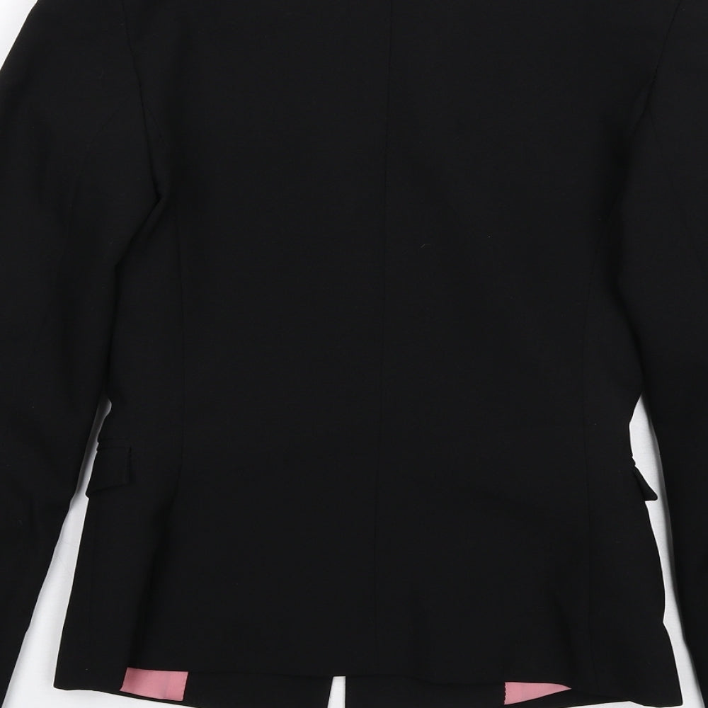 Brand and care label for Miss Selfridge women’s black polyester jacket blazer, size UK 6