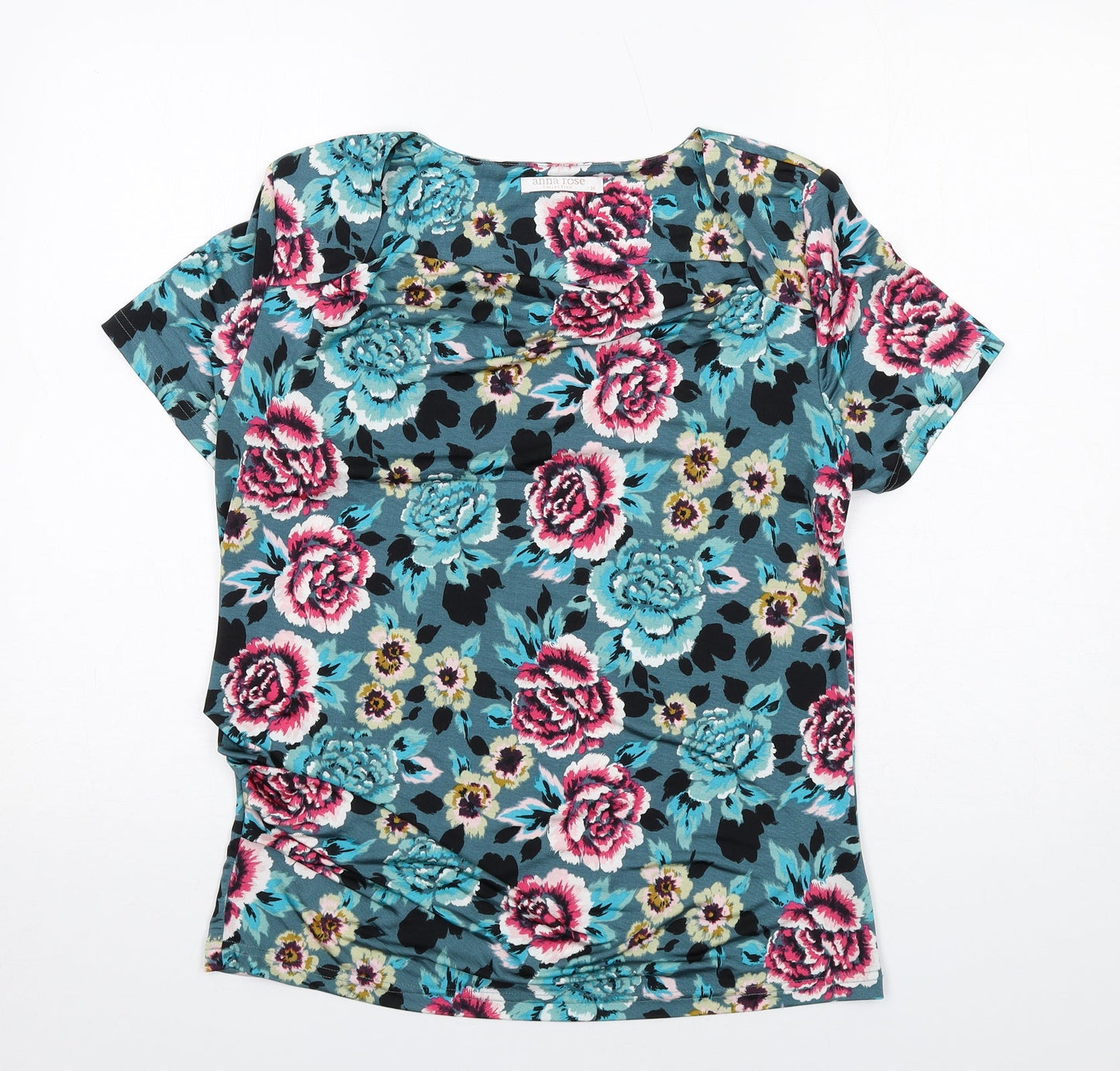 Anna Rose Womens Blue Floral Polyester Basic T-Shirt Size M Round Neck