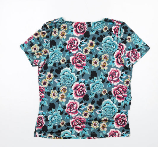 Anna Rose Womens Blue Floral Polyester Basic T-Shirt Size M Round Neck