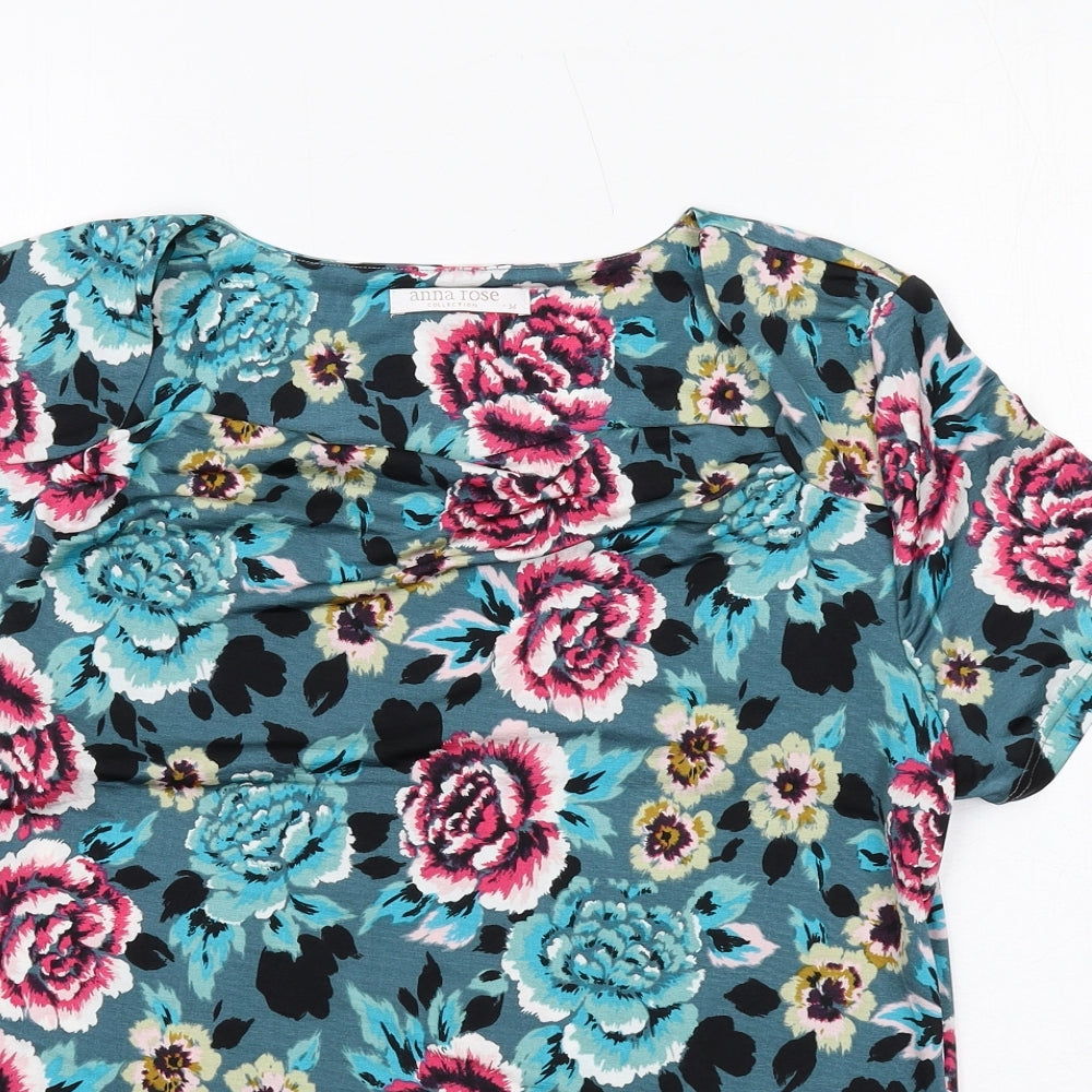 Anna Rose Womens Blue Floral Polyester Basic T-Shirt Size M Round Neck
