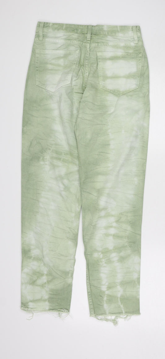 Stradivarius Womens Green Geometric Cotton Straight Jeans Size 6 Regular Zip - Tie dye effect