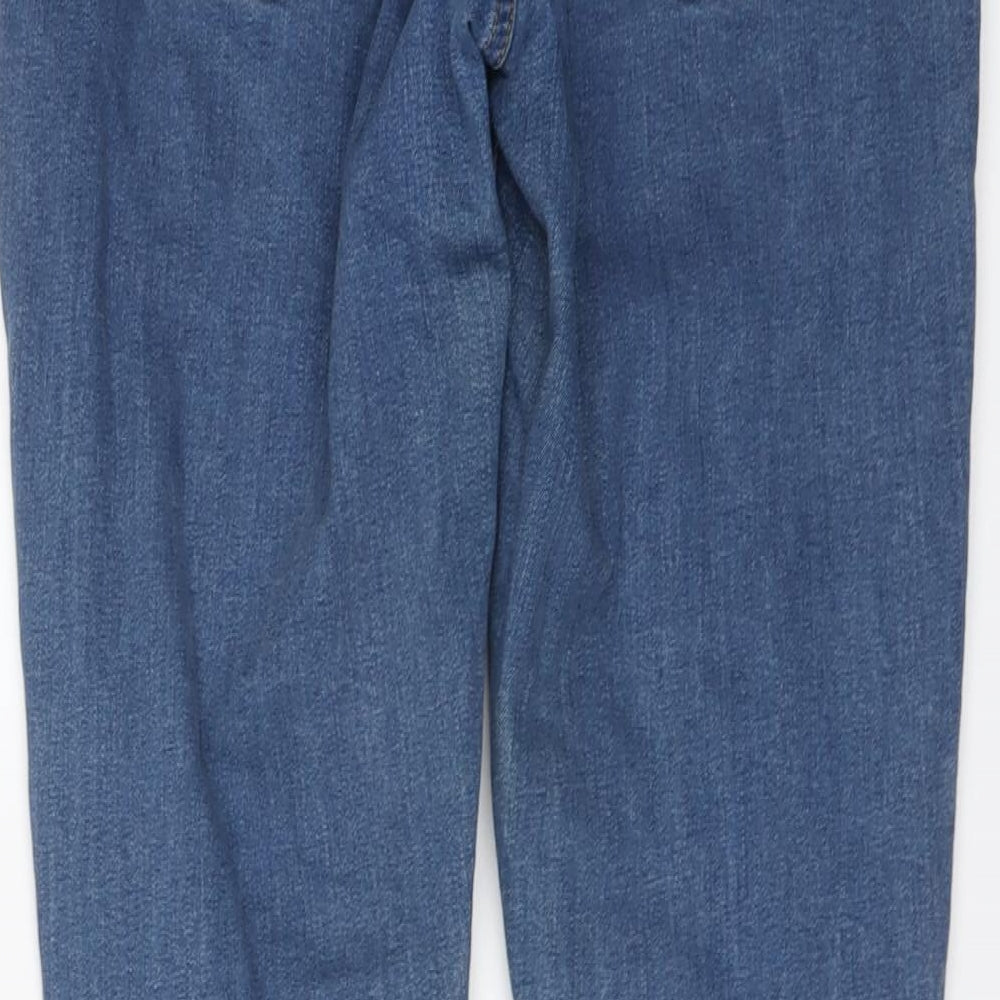 Brand and care label for ASOS women’s blue cotton skinny jeans, size UK 30, in, 30-inch leg regular button