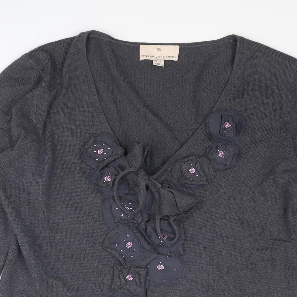 Fenn Wright Manson Womens Grey V-Neck Cotton Cardigan Jumper Size 12 - Flower Detail