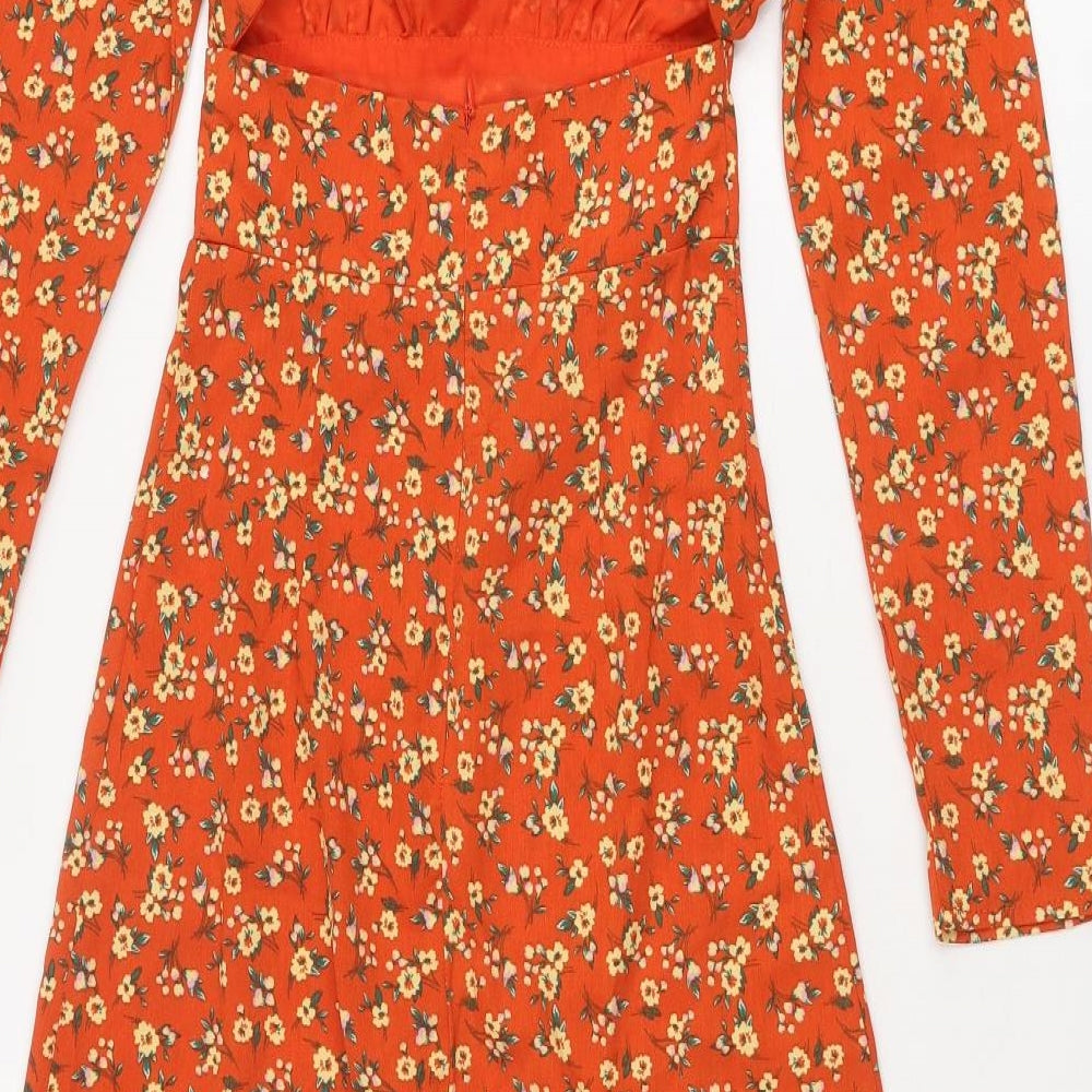 Fashion Union Womens Orange Floral Polyester A-Line Size 4 Round Neck Zip