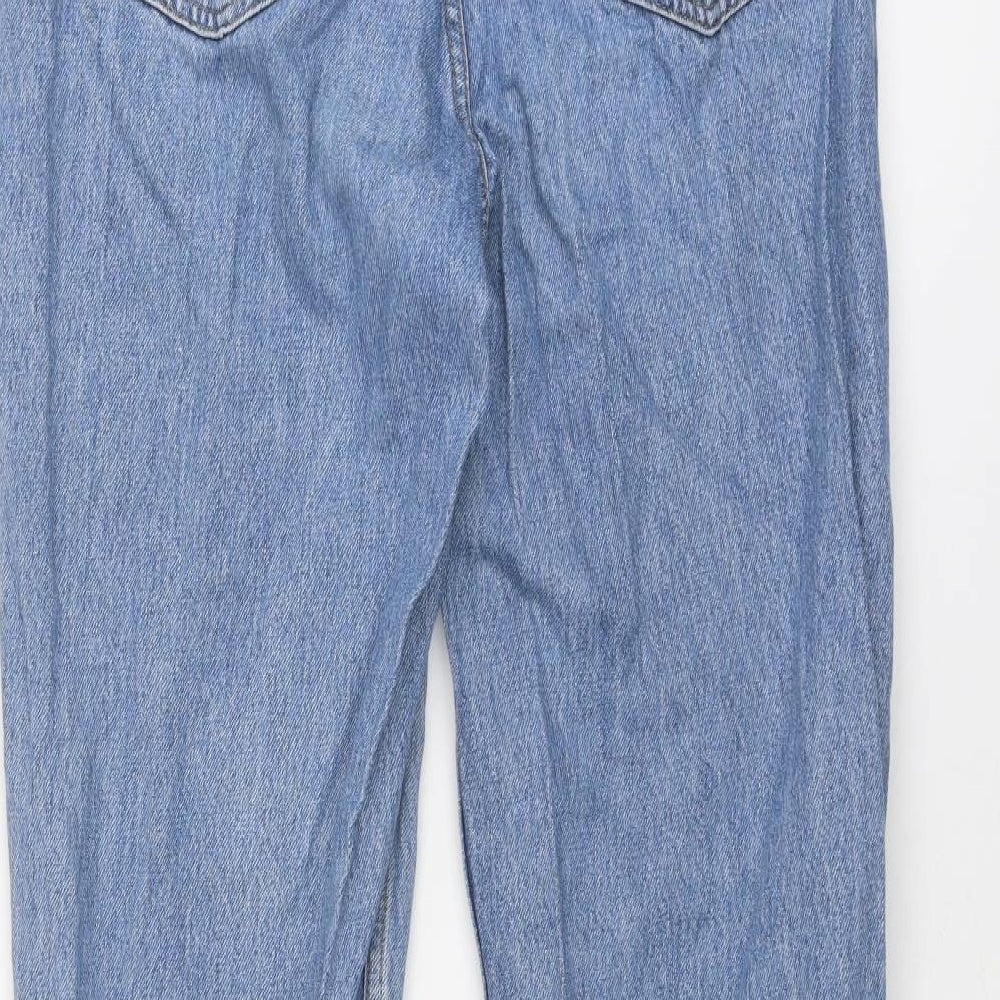 Brand and care label for ASOS women’s blue cotton straight jeans, size UK 28, in regular zip