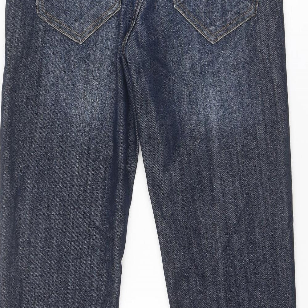 Brand and care label for Denim & Co. men’s blue cotton straight jeans, size 30, in regular button