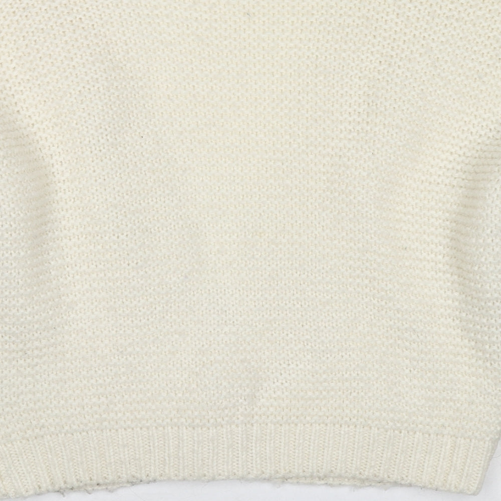 Brand and care label for Fashion Union women’s white v-neck acrylic cardigan jumper, size UK 10