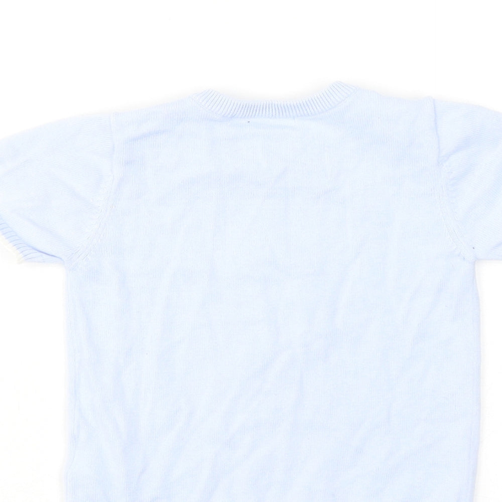 Brand and care label for Mintini boys’ blue cotton basic t-shirt, size 12-18, months round neck button - star print