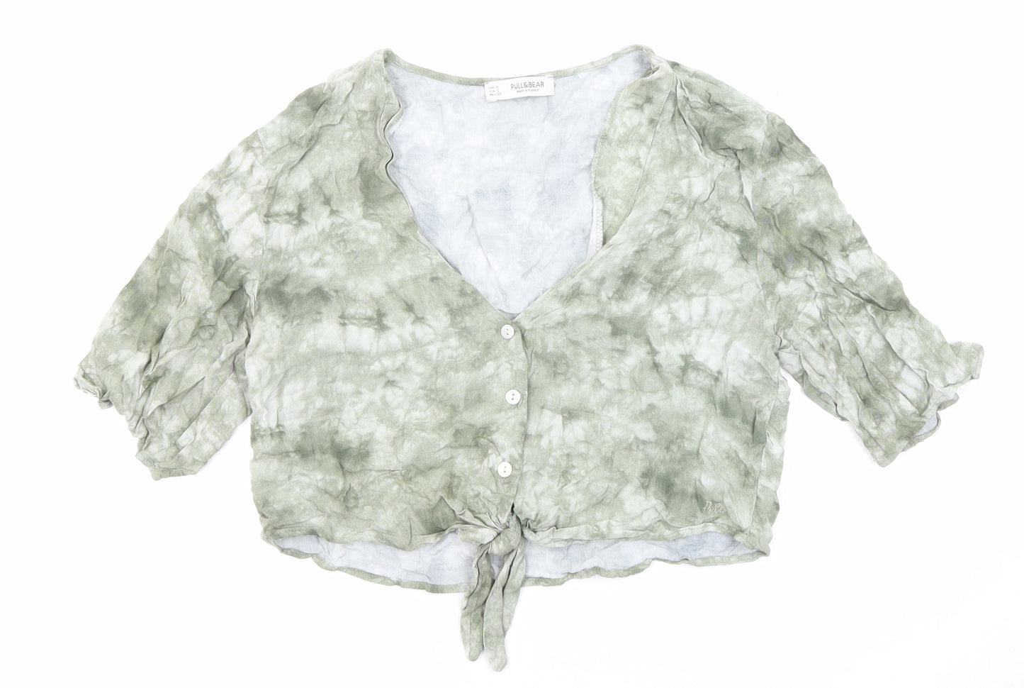 Pull&Bear Womens Green Geometric Viscose Cropped Button-Up Size S V-Neck