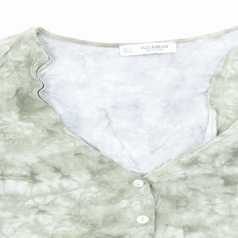 Pull&Bear Womens Green Geometric Viscose Cropped Button-Up Size S V-Neck