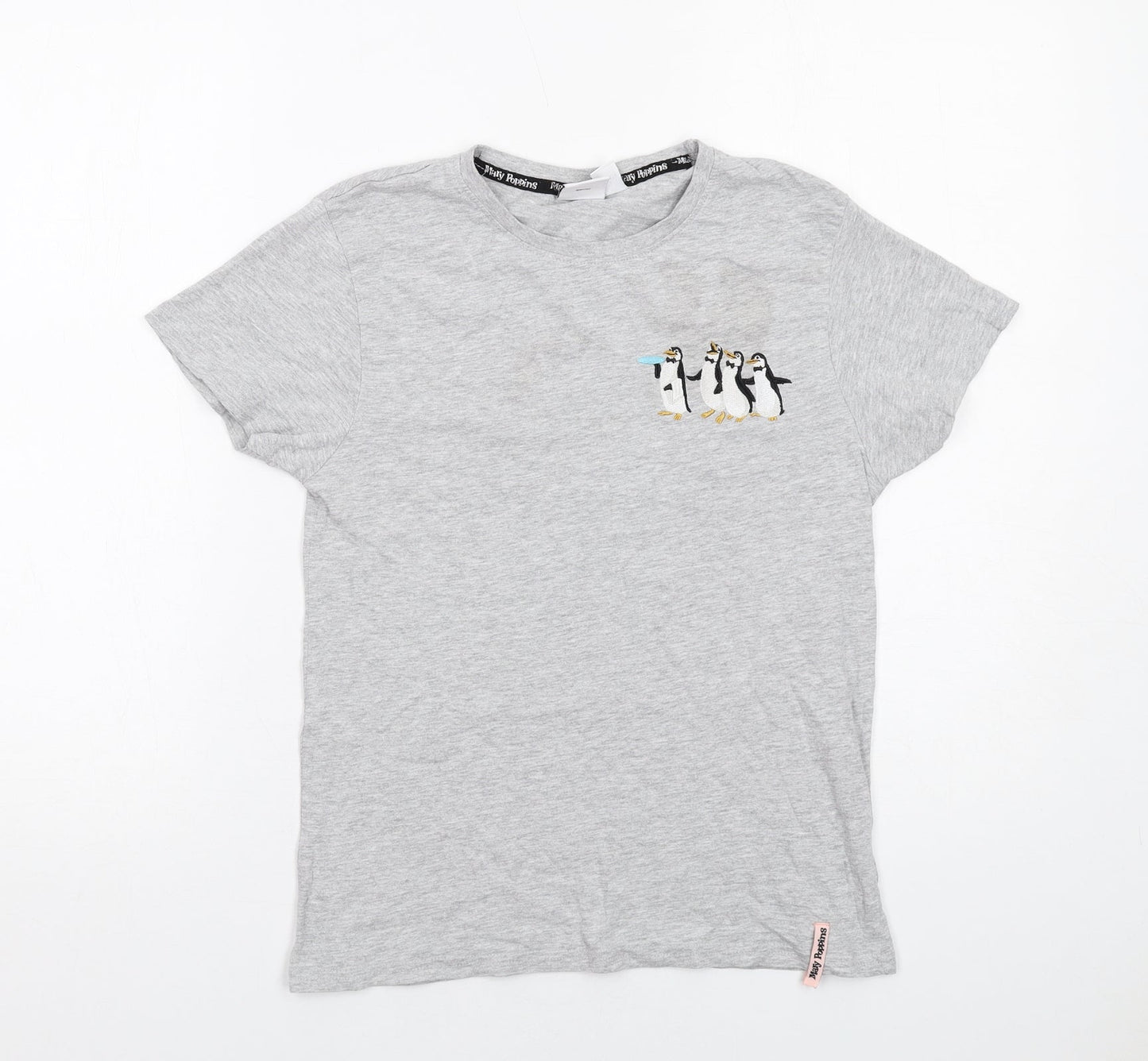Disney Womens Grey Cotton Basic T-Shirt Size XS Round Neck - Mary Poppins Penguins