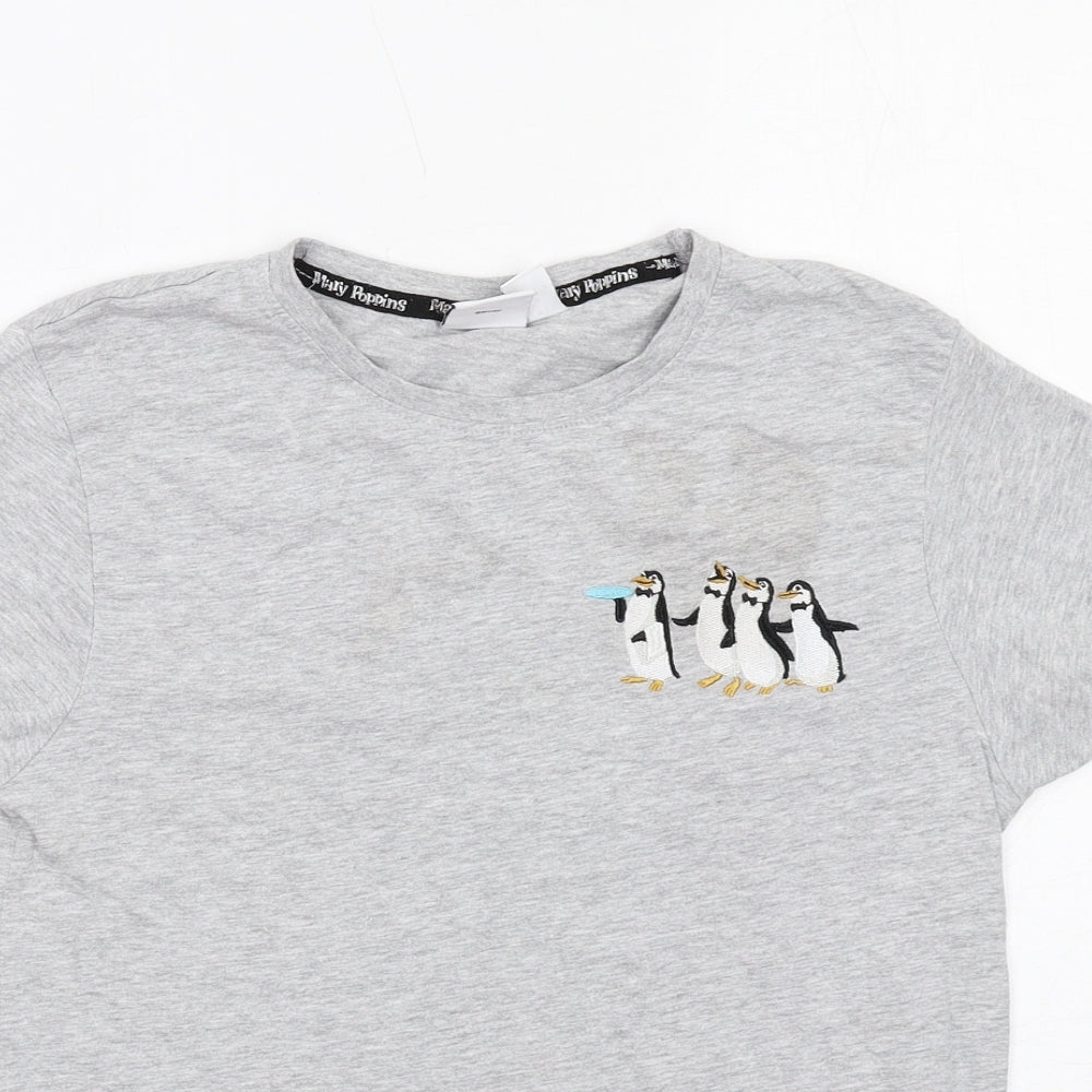 Disney Womens Grey Cotton Basic T-Shirt Size XS Round Neck - Mary Poppins Penguins