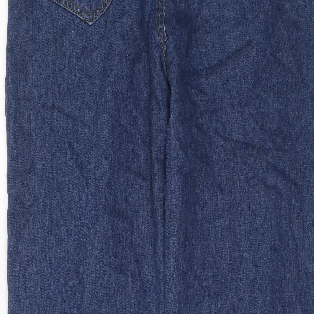 Brand and care label for I SAW IT FIRST women’s blue cotton mom jeans, size UK 8, 27-inch leg regular button