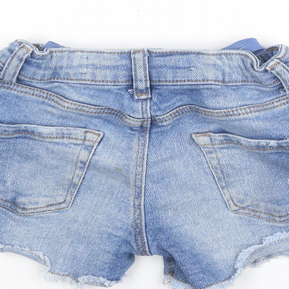 Brand and care label for Denim & Co. girls’ blue cotton cut-off shorts, size 3-4, years regular