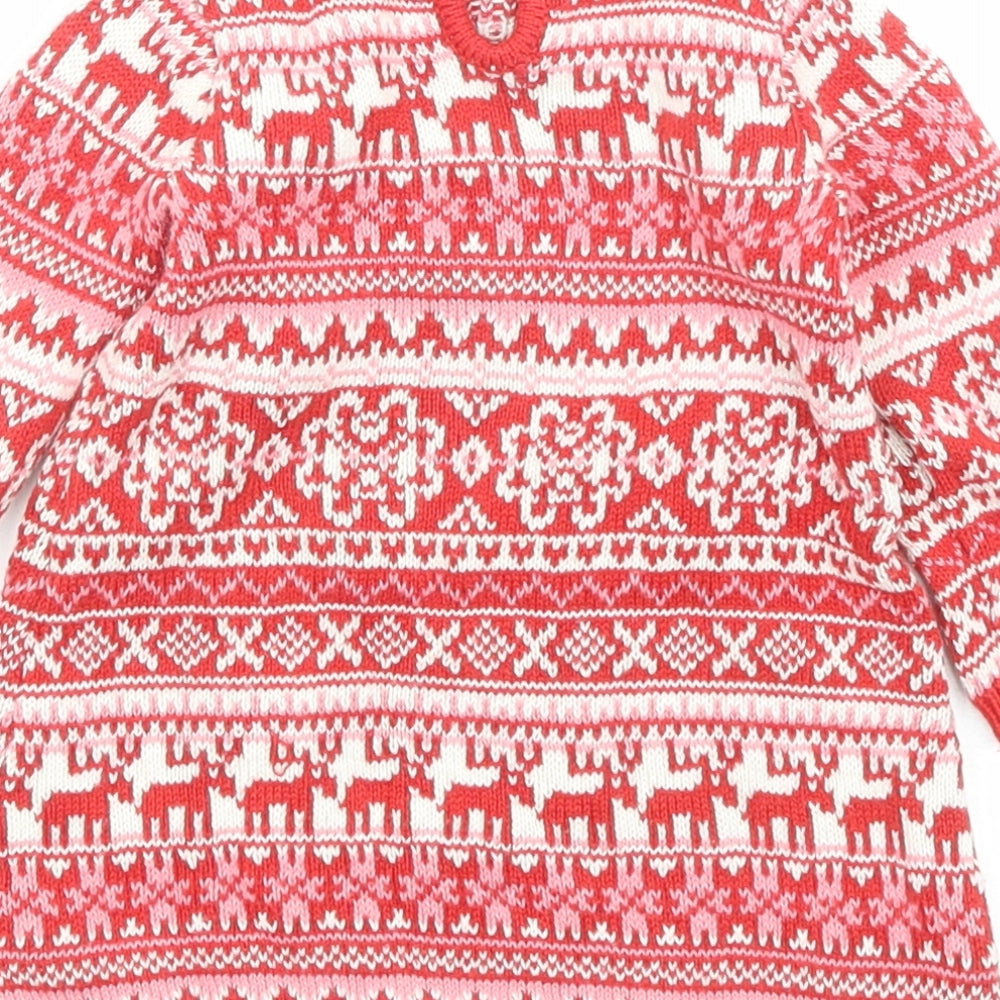 Brand and care label for Next girls’ red fair isle cotton jumper dress, size 3-6, months crew neck button