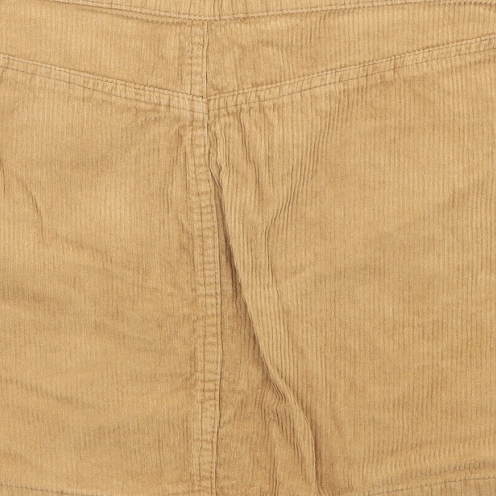 Brand and care label for Denim & Co. women’s beige cotton mini skirt, size UK 10, button