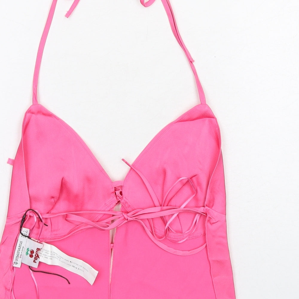 Stradivarius Womens Pink Polyester Cropped Tank Size L V-Neck - Open Back