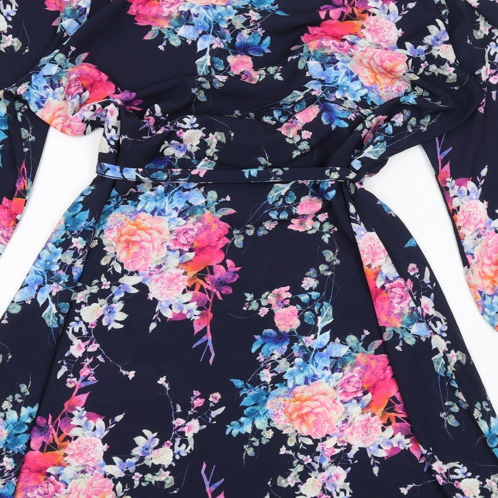 Brand and care label for Only women’s blue floral polyester a-line, size UK 14, v-neck pullover