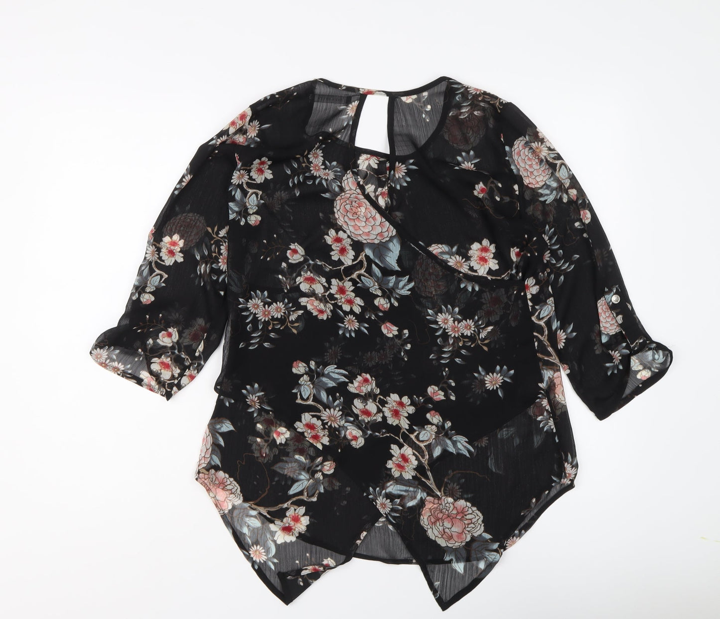 Suzy Shier Womens Black Floral Polyester Basic Blouse Size S Round Neck