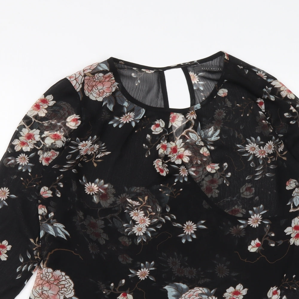 Suzy Shier Womens Black Floral Polyester Basic Blouse Size S Round Neck