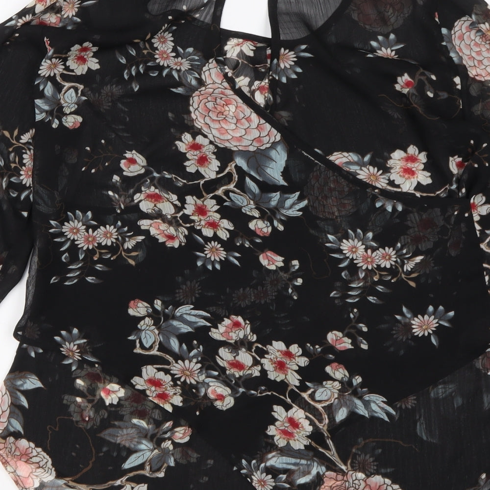 Suzy Shier Womens Black Floral Polyester Basic Blouse Size S Round Neck