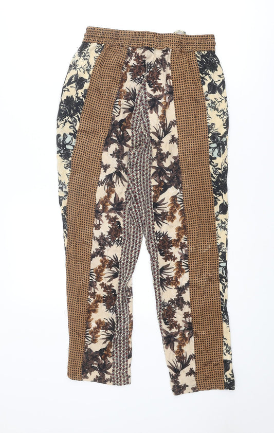 Zara Womens Multicoloured Geometric Viscose Trousers Size XS Regular Drawstring