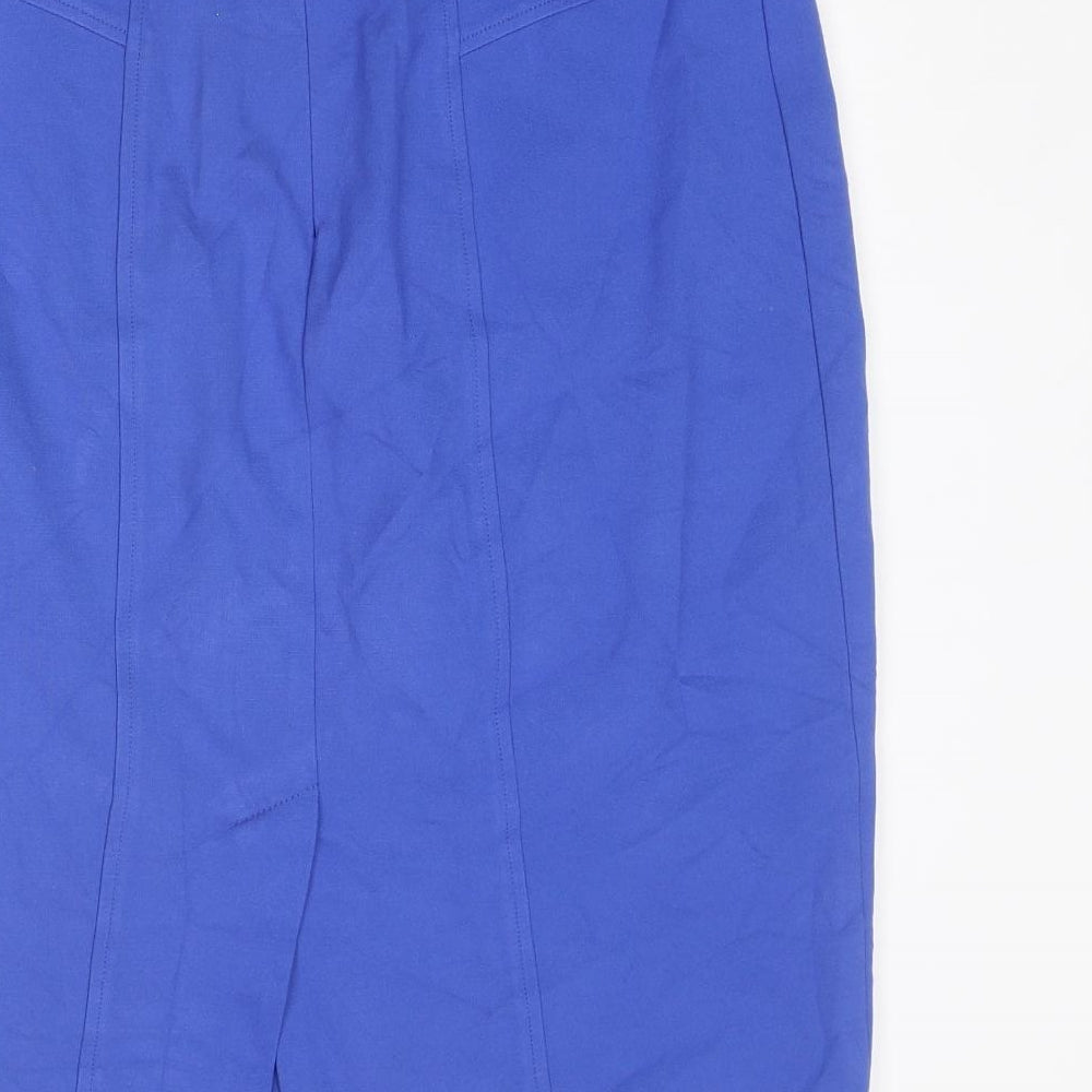 Brand and care label for PURE Collection women’s blue viscose straight & pencil skirt, size UK 12, zip