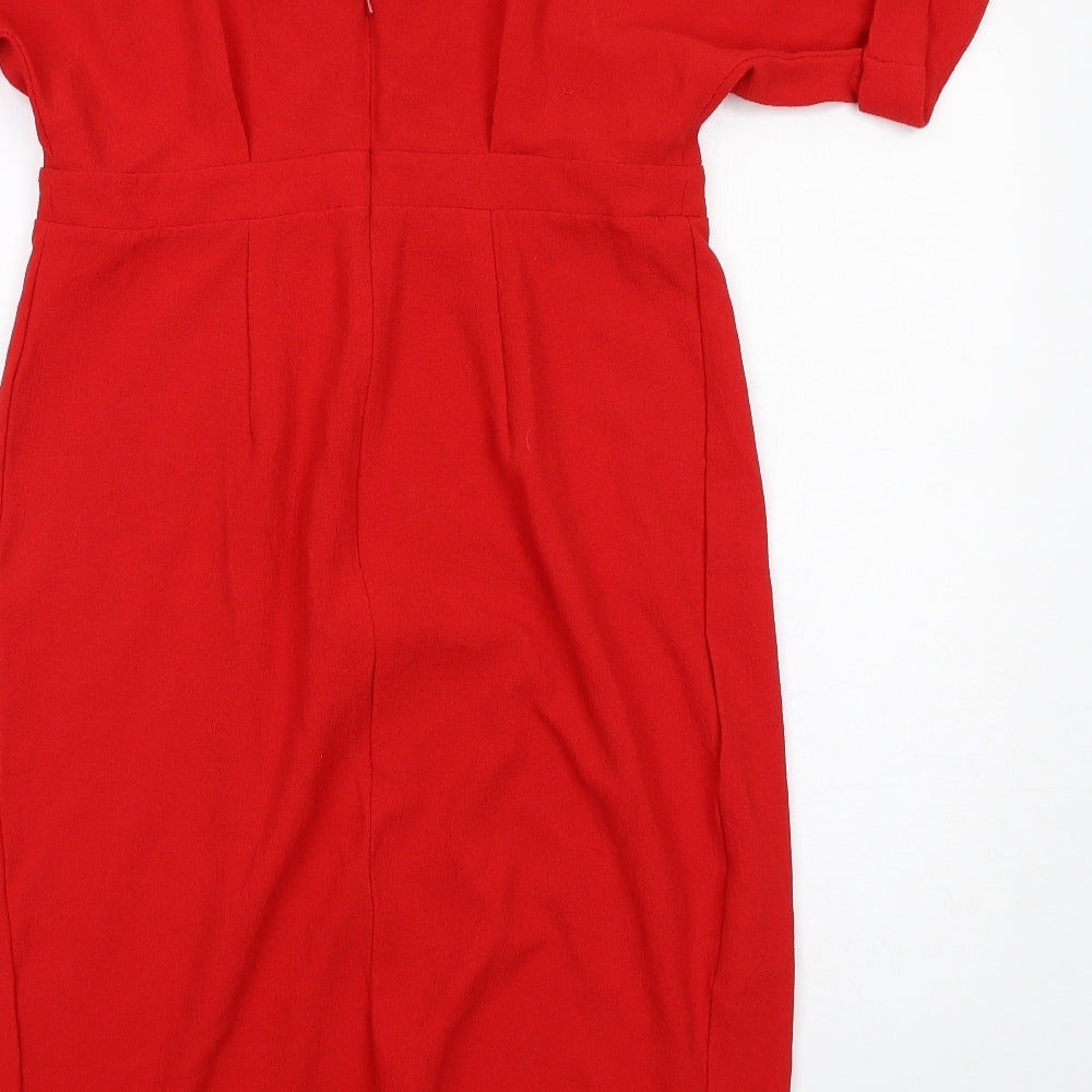 Brand and care label for ASOS women’s red polyester a-line, size UK 12, v-neck zip