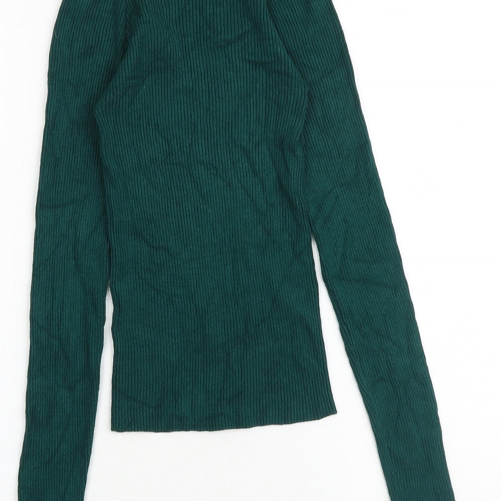 Brand and care label for Miss Selfridge women’s green square neck viscose jumper, size UK 6