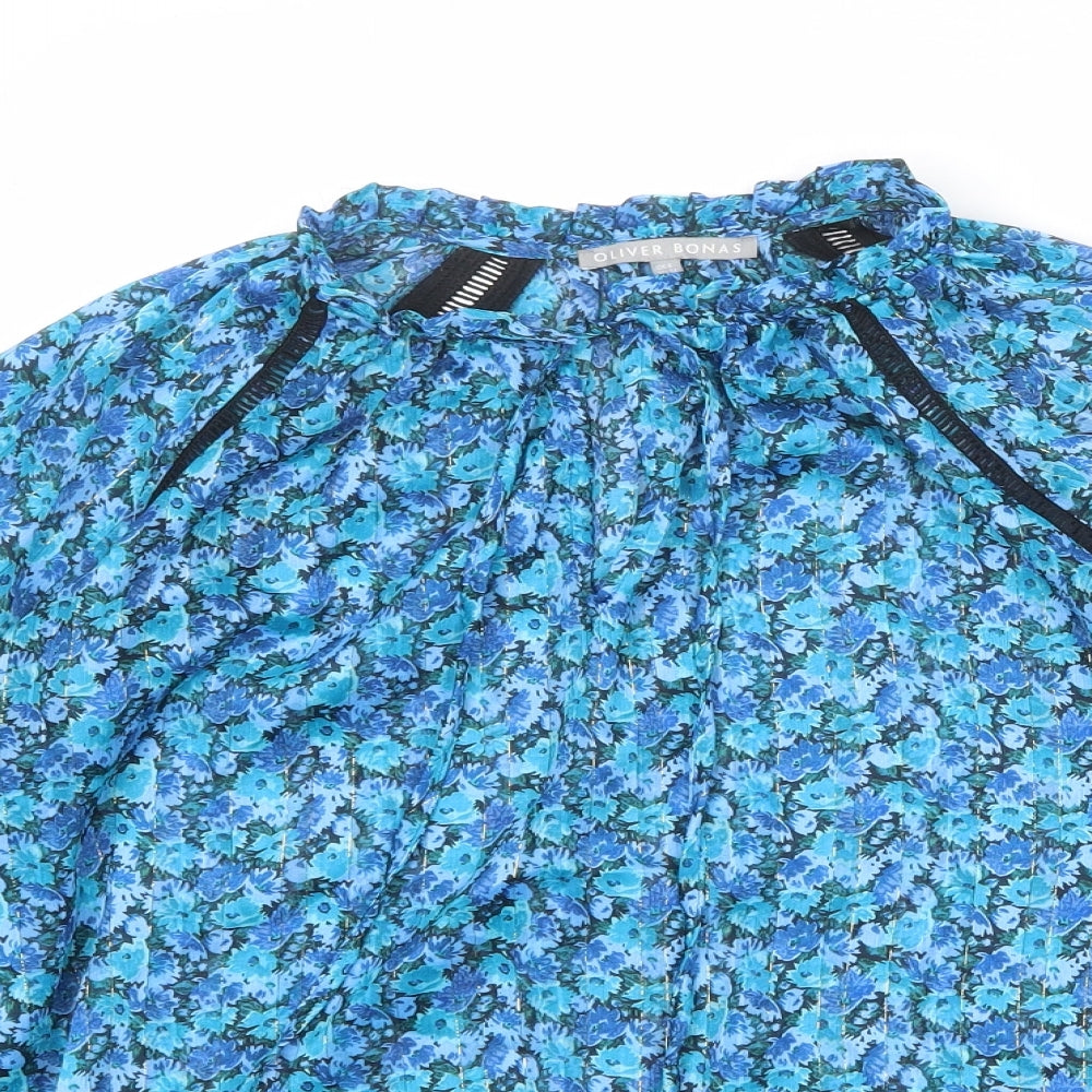 Oliver Bonas Womens Blue Floral Polyester Basic Blouse Size 6 Mock Neck