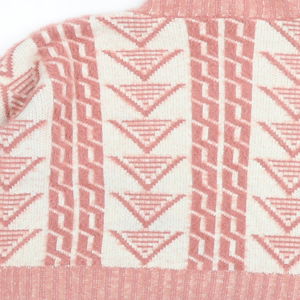 Brand and care label for Fashion Union women’s pink mock neck geometric acrylic jumper, size UK 8