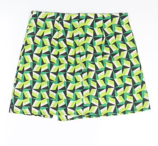 Boohoo Womens Green Geometric Polyester A-Line Skirt Size 10 Zip