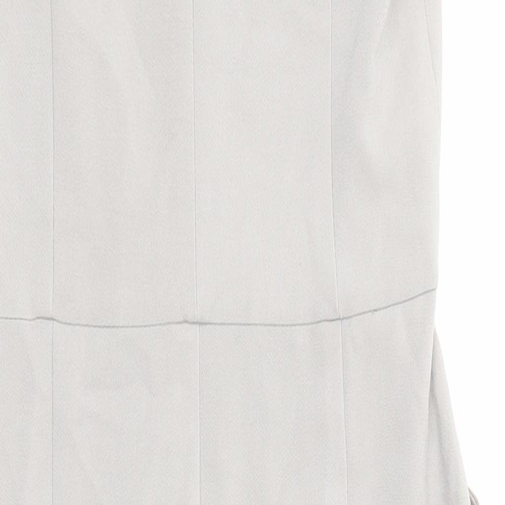 Brand and care label for ASOS women’s grey colourblock polyester pencil dress, size UK 8, v-neck zip