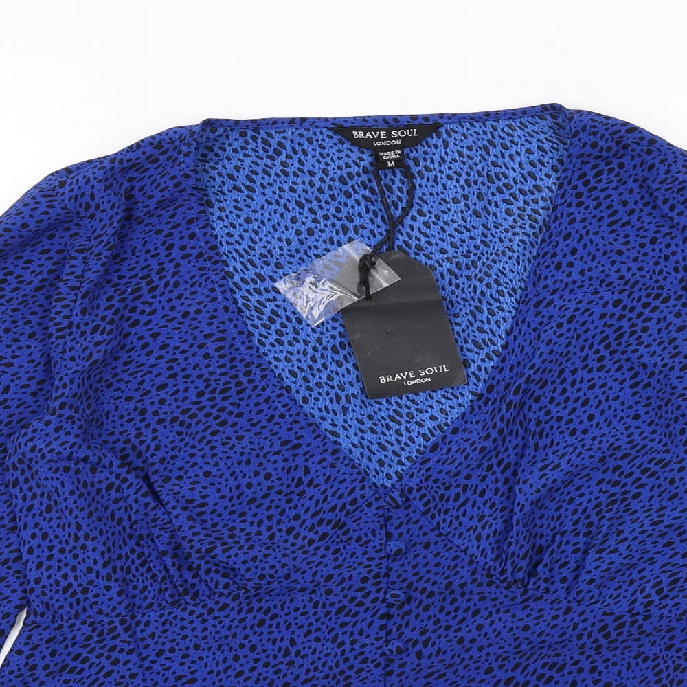 Brave Soul Womens Blue Geometric Polyester Basic Blouse Size M V-Neck