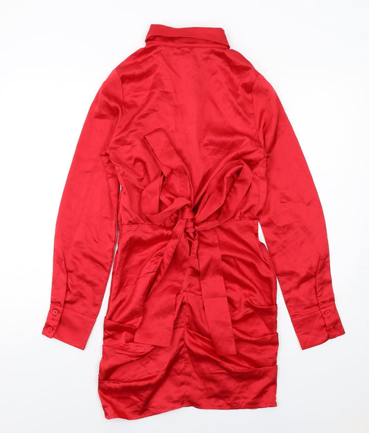 PRETTYLITTLETHING Womens Red Polyester Shirt Dress Size 8 Collared Button