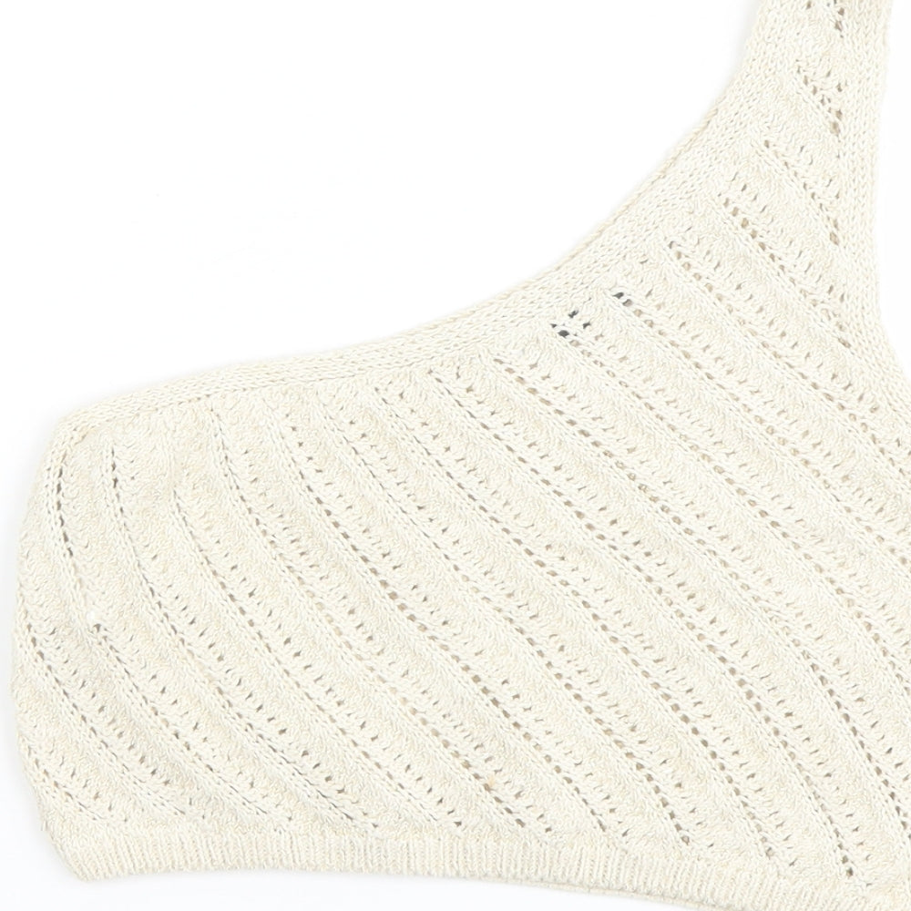 Stradivarius Womens Gold Polyester Cropped Tank Size M Off the Shoulder - Asymmetric Neckline