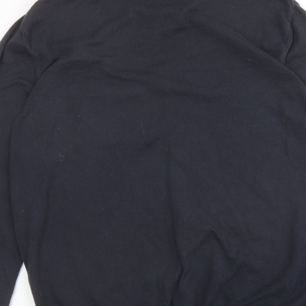 Brand and care label for ASOS men’s blue round neck cotton jumper, size M, long sleeve