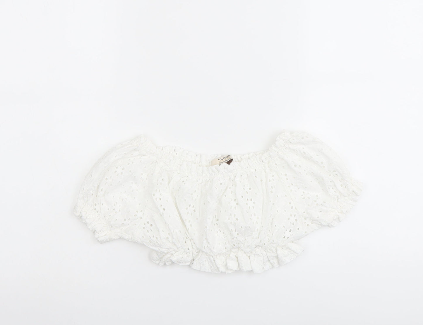 Pull&Bear Womens White Cotton Cropped Blouse Size S Off the Shoulder - Broderie Anglaise