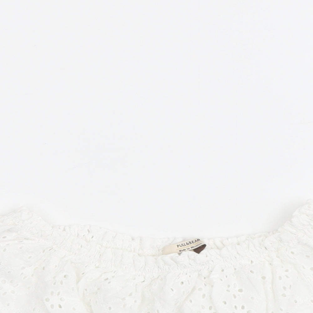 Pull&Bear Womens White Cotton Cropped Blouse Size S Off the Shoulder - Broderie Anglaise